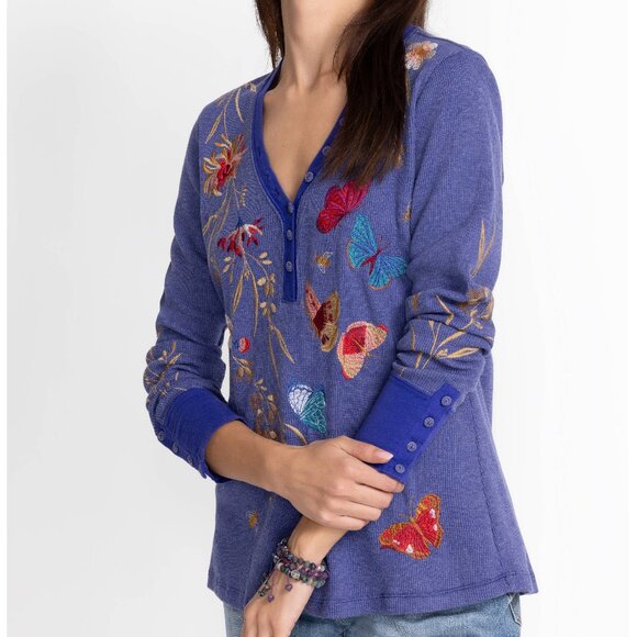 NWT Johnny Was Biya Workshop JWLA Aria V-Neck Embroidered Thermal Top Tee L/S - Picture 2 of 8